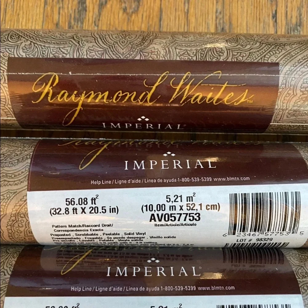 3 Rolls RAYMOND WAITES IMPERIAL WALLPAPER 56.08 FEET each TAN DOUBLE ROLL VINYL